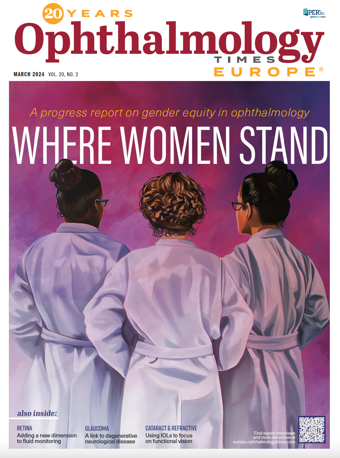The cover of Ophthalmology Times Europe March 2024. The cover story is "WHERE WOMEN STAND," and the image shows three women in white lab coats with their backs facing the viewer.