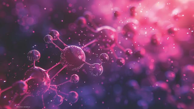 Hemoglobin molecule structure, rendered in pink and purple. Generative AI.  Image credit: ©Electro Unicorn – stock.adobe.com