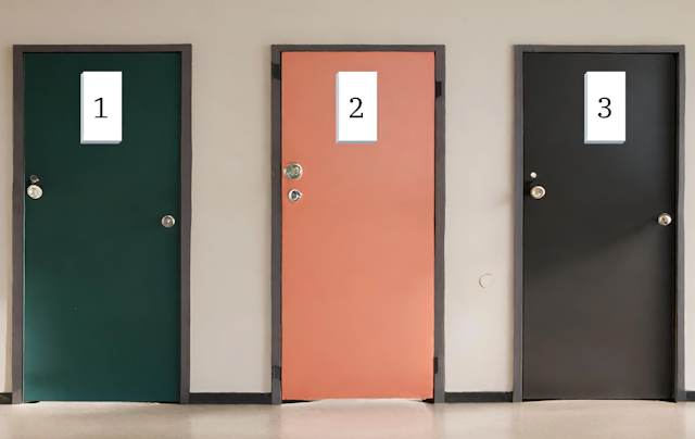 Three doors, green, orange and brown, with the numbers 1, 2 and 3 on them. Image created with Canva AI. 