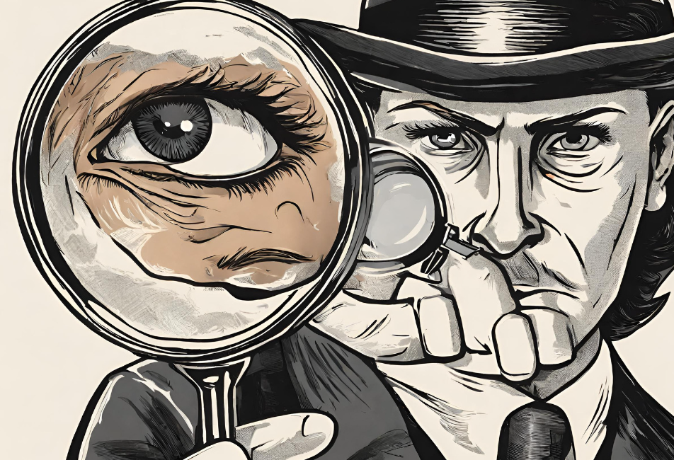 A detective looks through a magnifying glass at an eyeball. Image created with Canva AI.