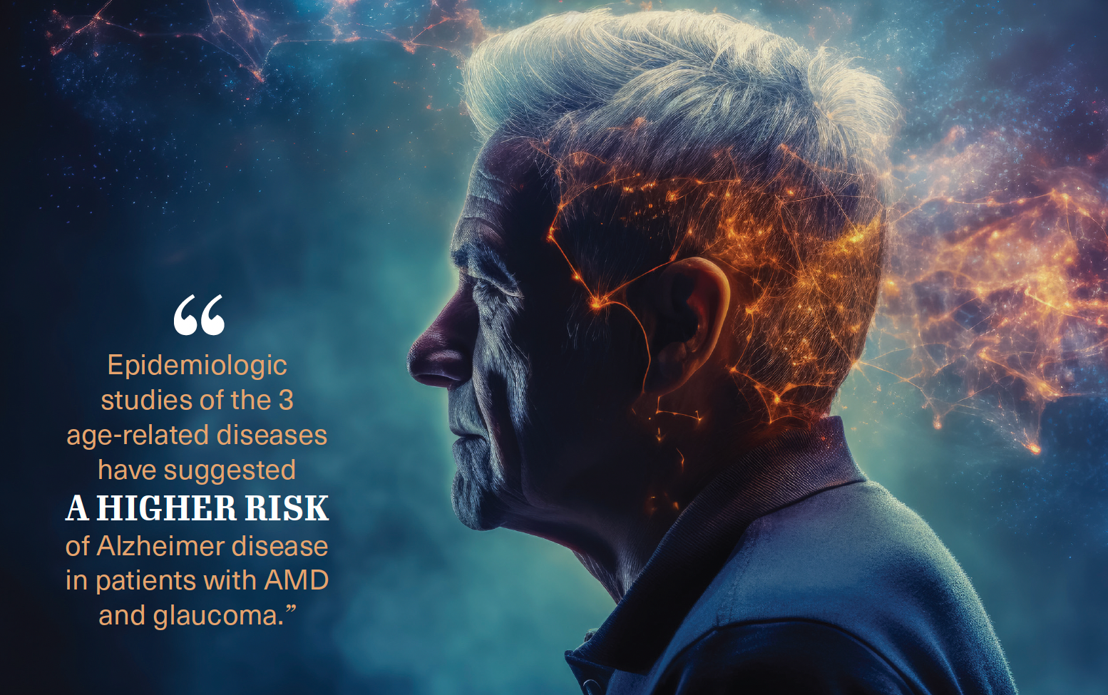 Quote on background: "Epidemiologic studies of the 3 age-related diseases have suggested a higher risk of Alzheimer disease in patients with AMD and glaucoma." An illustration made with AI shows a man with digital imagery overlaid over his head. Image credit: ©fotogurmespb – stock.adobe.com
