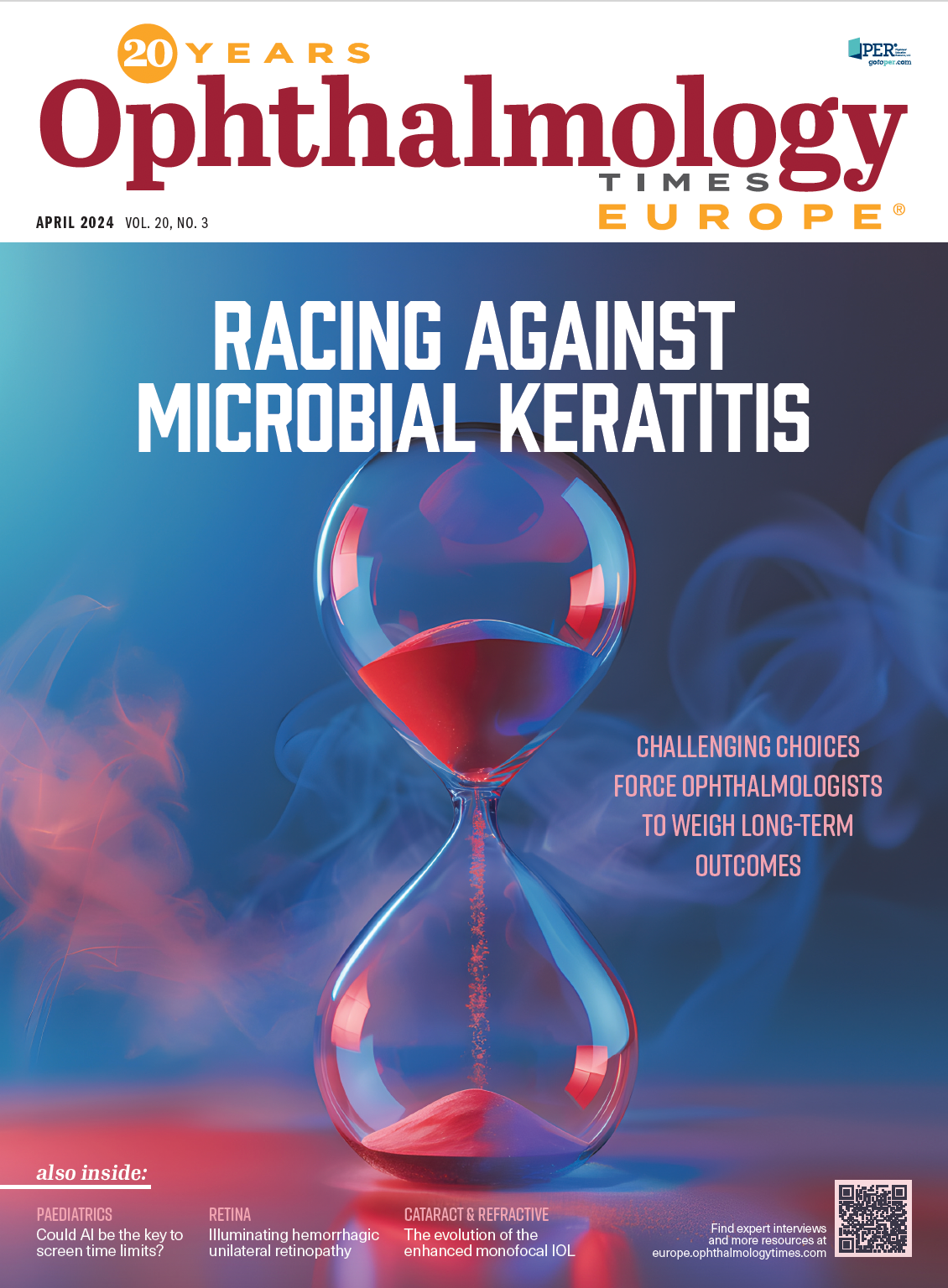 The cover of Ophthalmology Times Europe. The April 2024 issue shows an hourglass with red and blue sand falling through it. The main headline is "Racing against microbial keratitis"