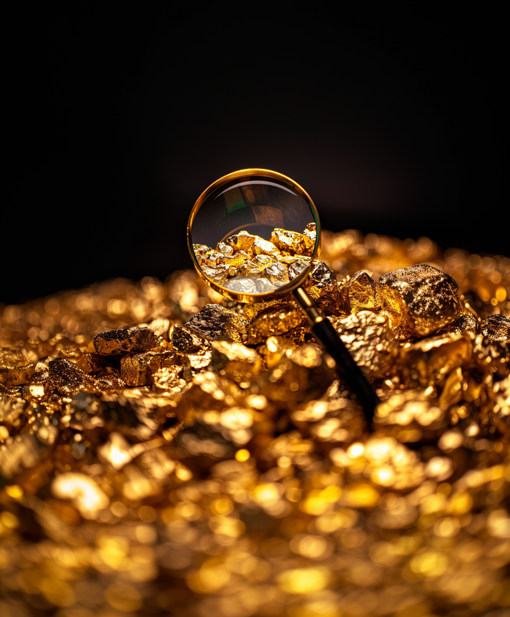 A magnifying glass on top of a pile of gold. 