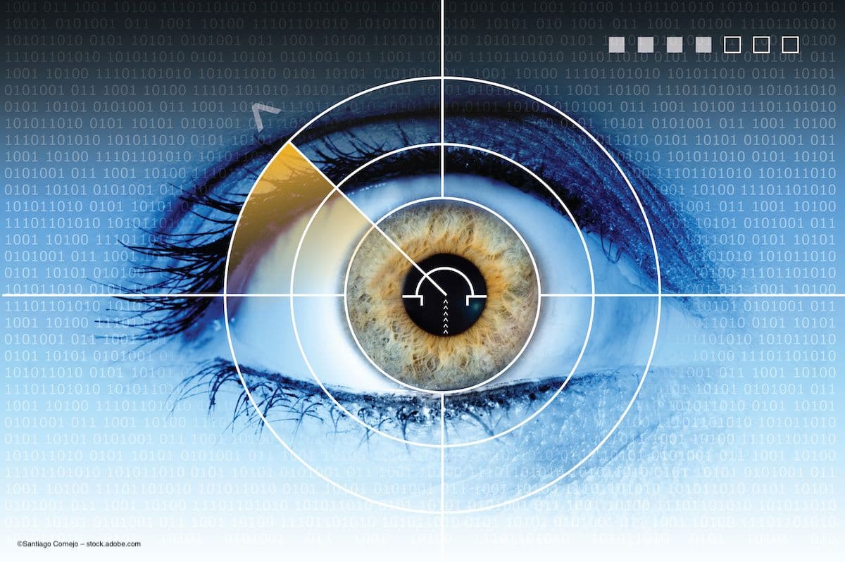 An iris being scanned. There is a digital binary data readout overlaid on the image. ©Santiago Cornejo – stock.adobe.com