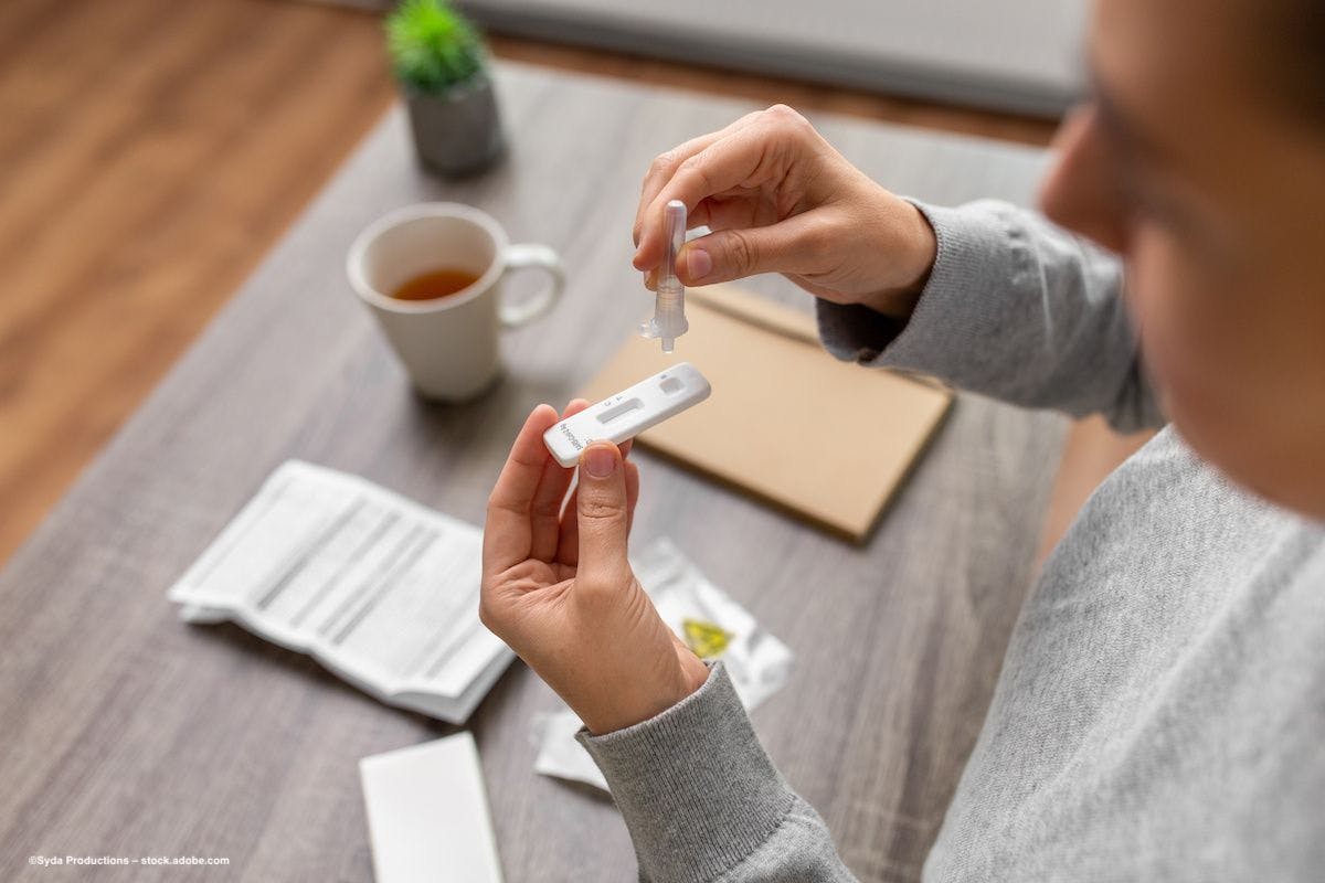 A person drops saline solution into a COVID rapid test. Image credit: ©Syda Productions – stock.adobe.com