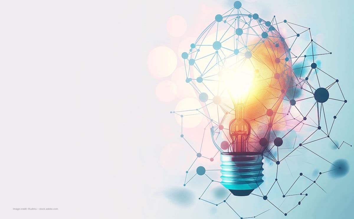 An AI-generated illustration of a lightbulb on a white-and-blue background, with dots/lines representing technology and data. Image credit: ©Lahiru – stock.adobe.com