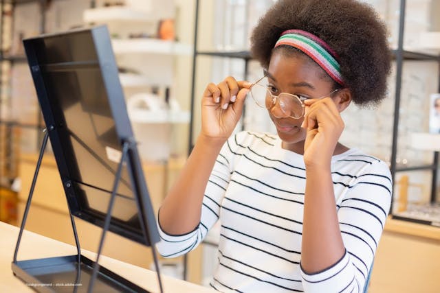 A young person tries on glasses in front of a mirror. Image credit: ©eakgrungenerd – stock.adobe.com