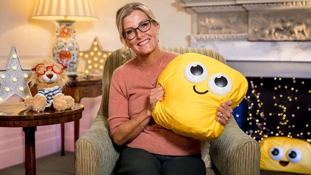 Her Royal Highness Sophie, Duchess of Edinburgh, holds a CBeebies plush. (Image credit: BBC/Guy Levy)