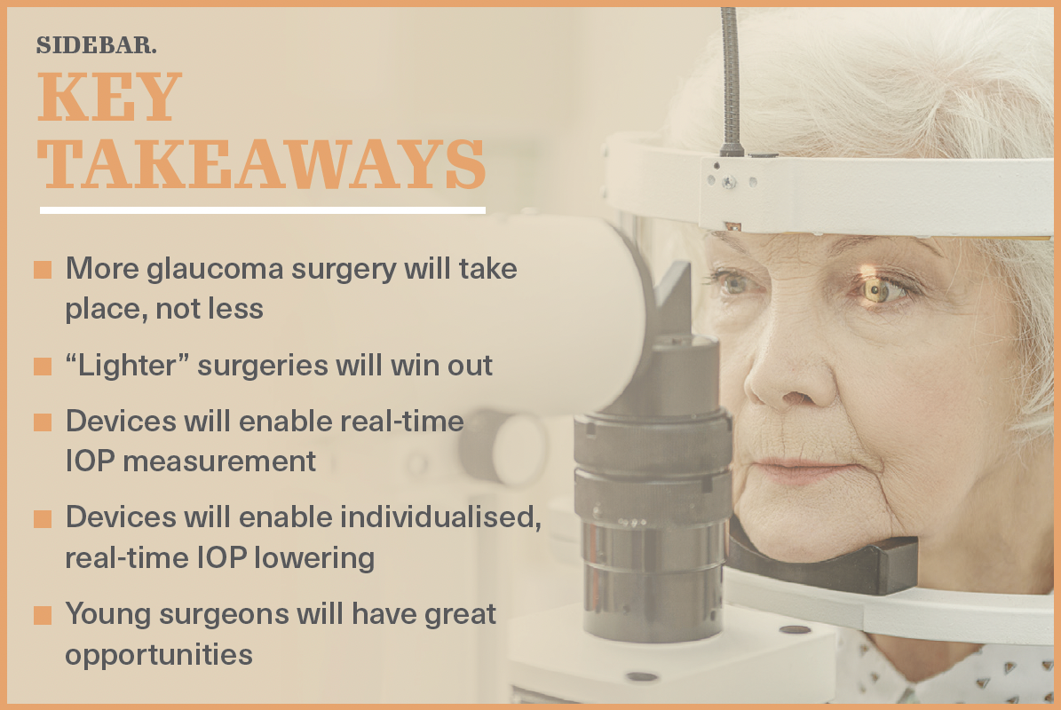 Key takeaways for readers, which include: More glaucoma surgery will take place, not less; “Lighter” surgeries will win out; Devices will enable real-time IOP measurement; Devices will enable individualised, real-time IOP lowering; Young surgeons will have great opportunities