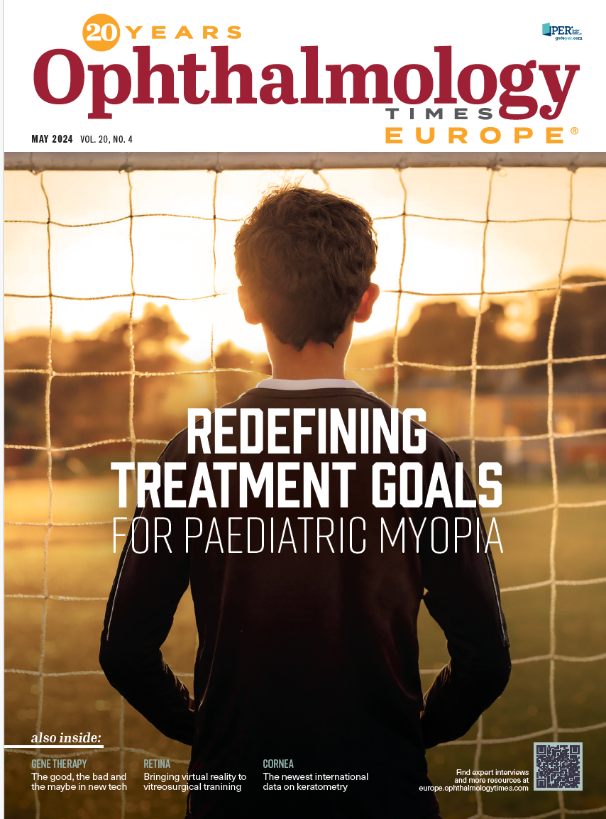 The cover of Ophthalmology Times Europe. The May 2024 issue shows a young boy looking through a soccer/football goal net. The headline text reads, "REDEFINING TREATMENT GOALS FOR PAEDIATRIC MYOPIA"