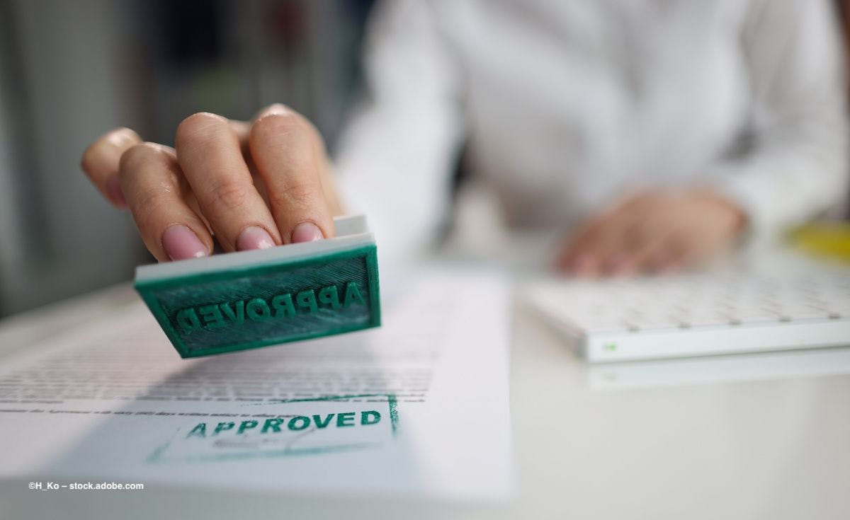 A person at a desk administers a stamp that says "approved." Image credit: ©H_Ko – stock.adobe.com