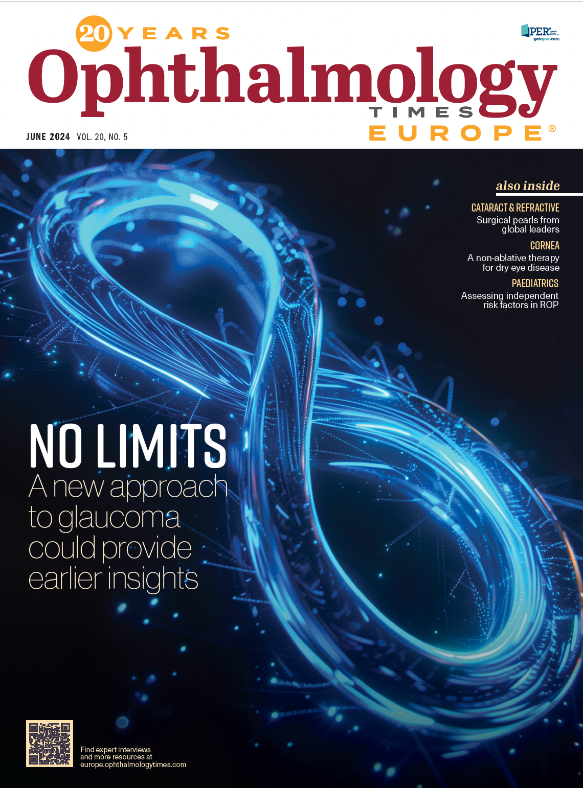 The cover of Ophthalmology Times Europe June 2024. An infinity symbol is on the cover, and the headline text reads, "NO LIMITS A new approach to glaucoma could provide earlier insights."