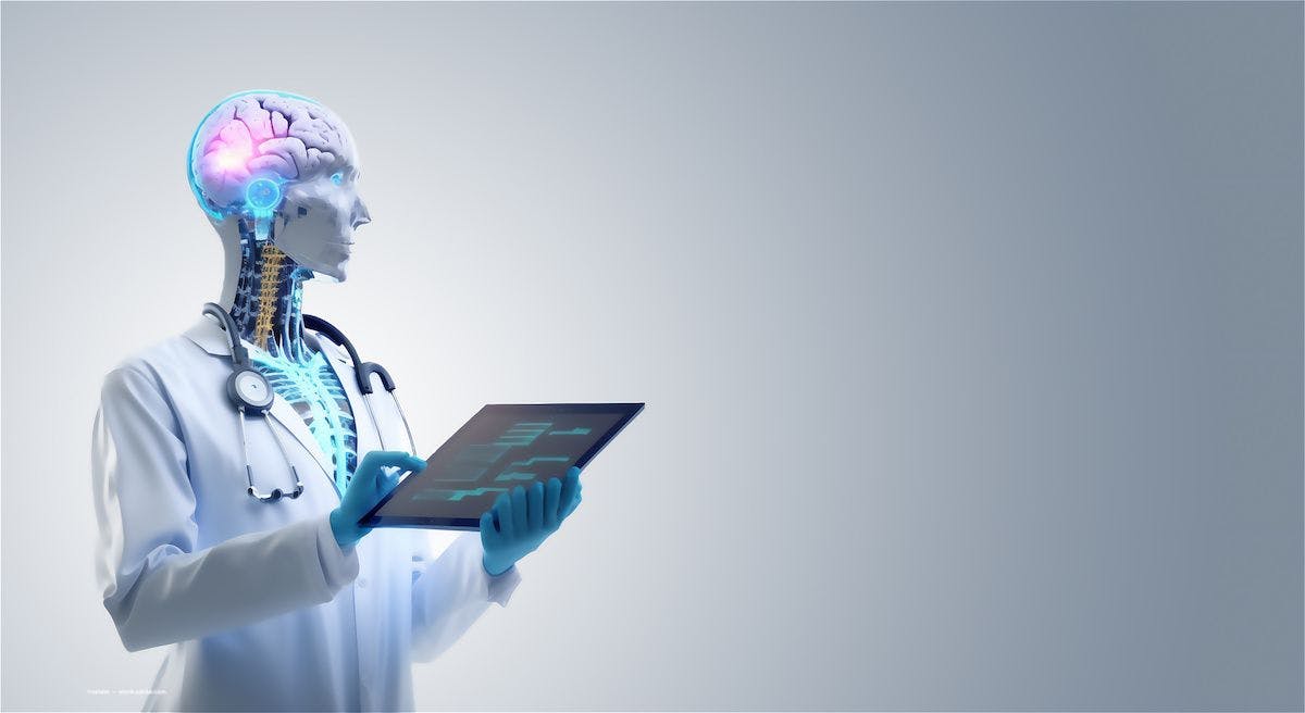 A robot with a lab coat on consults a clipboard. Image credit: ©catalin  –  stock.adobe.com