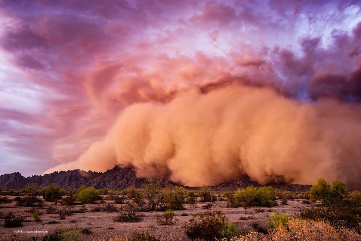 A haboob, or dust storm, moves over an arid desert landscape. Image credit: ©JSirlin – stock.adobe.com