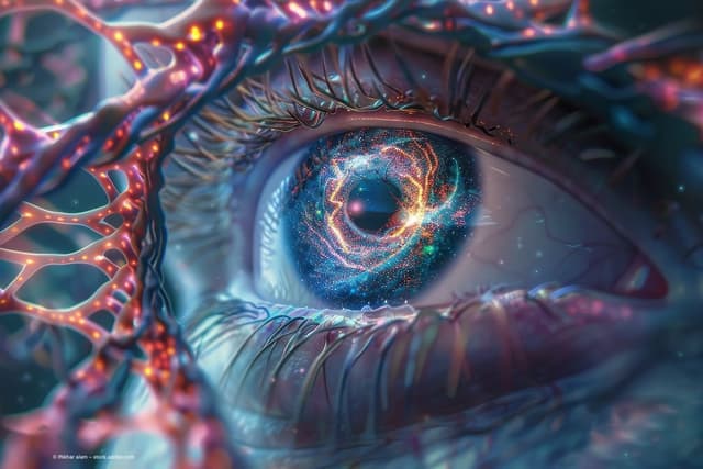 An AI-generated image of an eye with genetic material surrounding it. Image credit: ©Iftikhar alam – stock.adobe.com