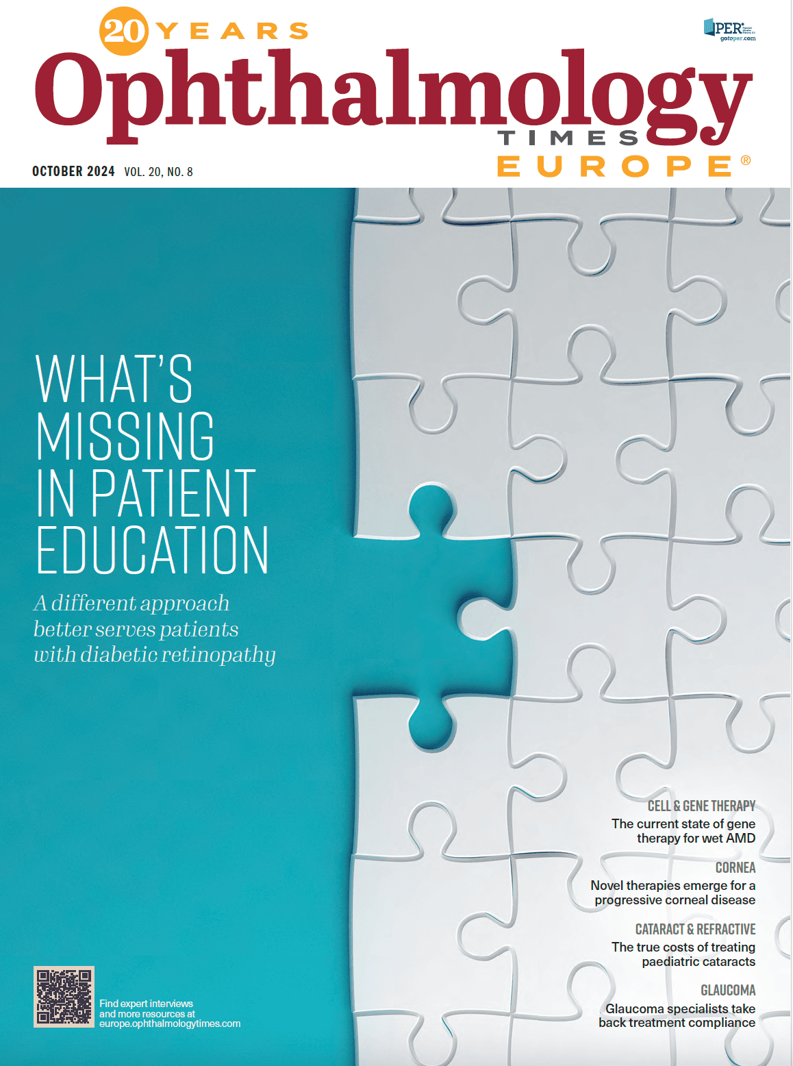 The cover for the October issue of Ophthalmology Times Europe. It is puzzle pieces arranged around the headline "What's Missing in Patient Education"