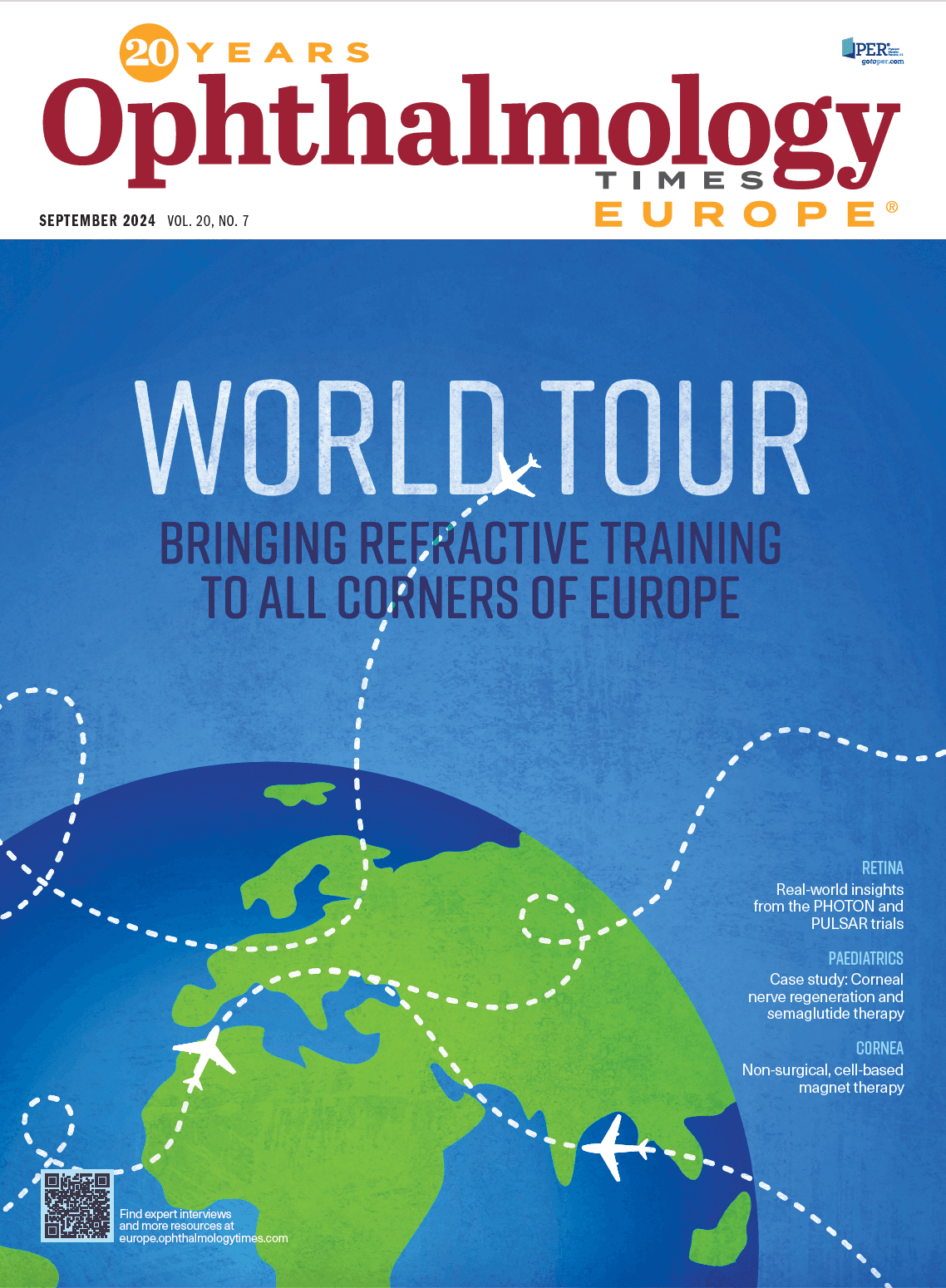 An illustration of a globe, with airplanes flying all over the Earth. The title is, "WORLD TOUR: Bringing refractive training to all corners of Europe"