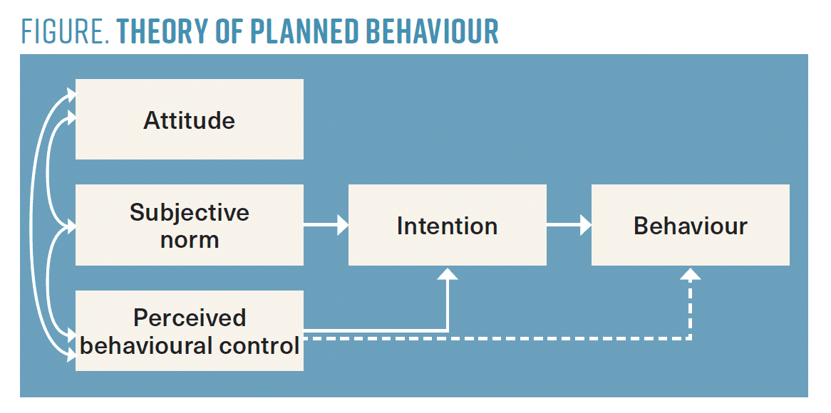 A figure shows aspects of the Theory of Planned Behaviour (in which attitudes, subjective norms and perceived behavioural controls factor into intentions and patient behaviours)