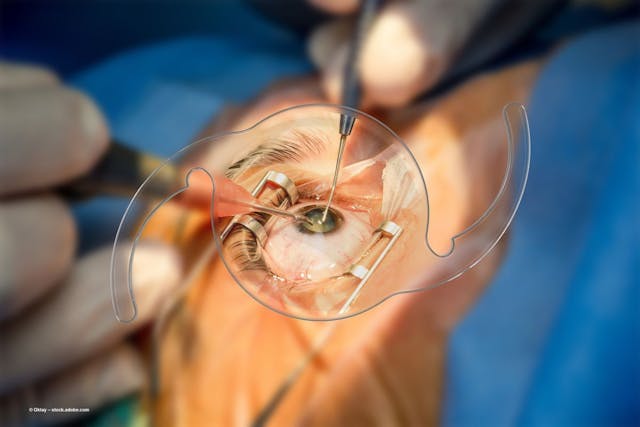 A patient undergoes refractive surgery as the image of an IOL is superimposed over their surgical photo. Image credit: ©Oktay – stock.adobe.com