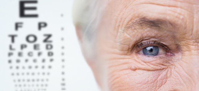 A close-up of an older woman's eye next to a vision chart. Image credit: ©Syda Productions – stock.adobe.com