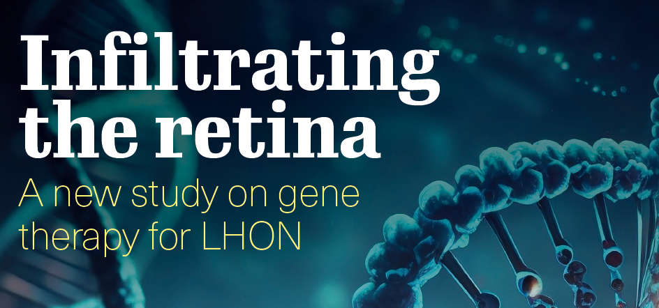 A DNA double-helix is captioned, "Infiltrating the retina: a new study on gene therapy for LHON" 