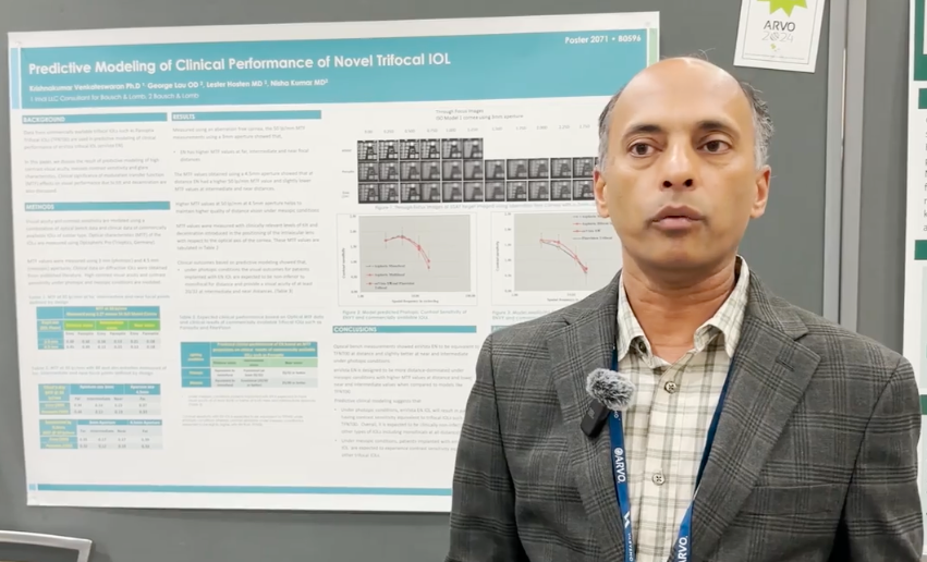 Krishna Venkateswaran, PhD, gave an onsite overview of his poster "Predictive Modeling of Clinical Performance of Novel Trifocal IOL"