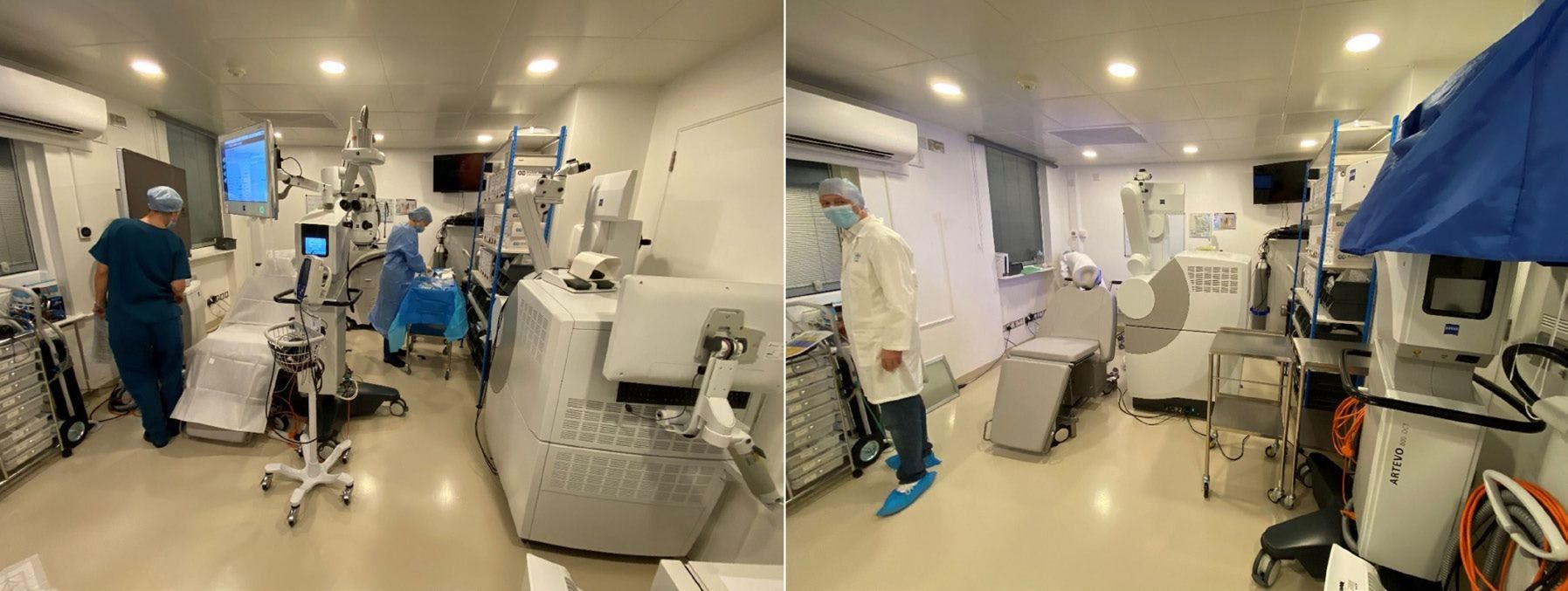 Figure 1. (Left) Operating room setup for cataract surgery with the digital microscope ARTEVO® 800 while the VISUMAX 800 is tucked away in the corner. (Right) Later that afternoon the cataract equipment was moved to the side setting up the room for SMILE.
