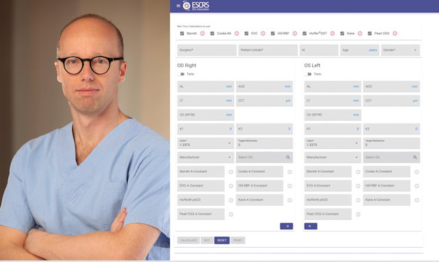 A photo of Prof Oliver Findl next to a screenshot of the ESCRS IOL calculator