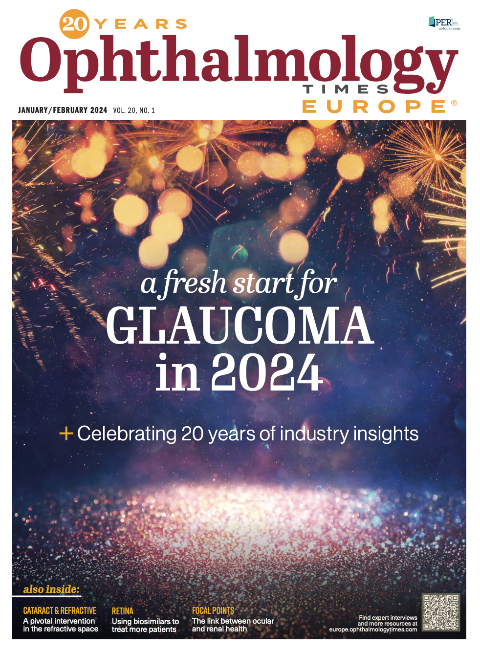 The cover of Ophthalmology Times Europe January/February 2024, which shows a spray of fireworks and the title "a fresh start for glaucoma in 2024 + celebrating 20 years of industry insights" 