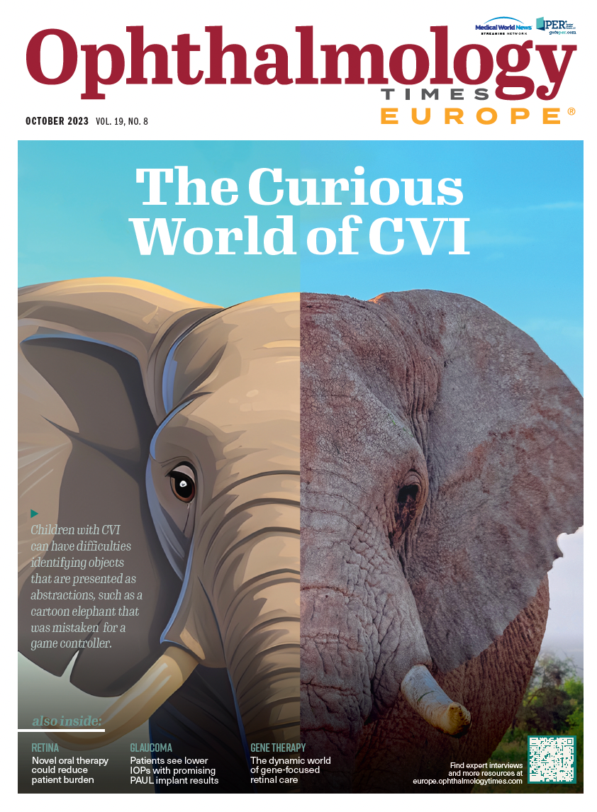 The cover of Ophthalmology Times Europe 2023, which features an illustration of an elephant labeled "The Curious World of CVI"