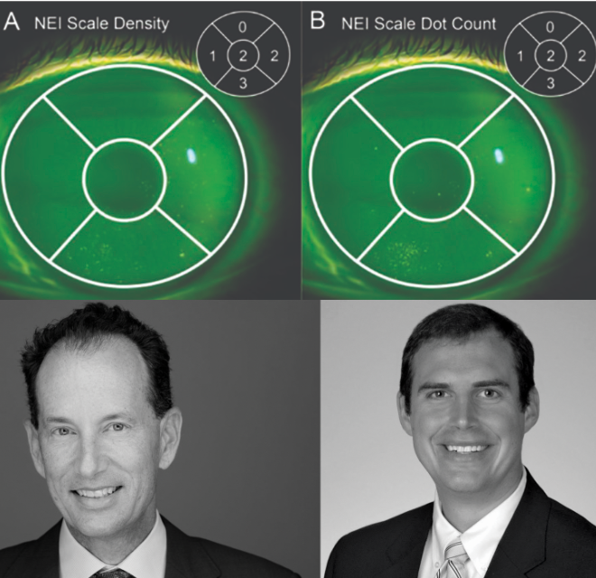 Images of corneal staining above photos of David Wirta, MD, and George N. Magrath, MD, MBA, MS