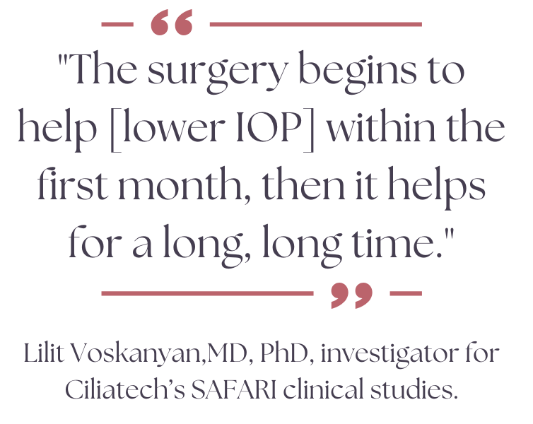 A quote reads, "The surgery begins to help [lower IOP] within the first month, then it helps for a long, long time." Lilit Voskanyan,MD, PhD, investigator for Ciliatech’s SAFARI clinical studies.