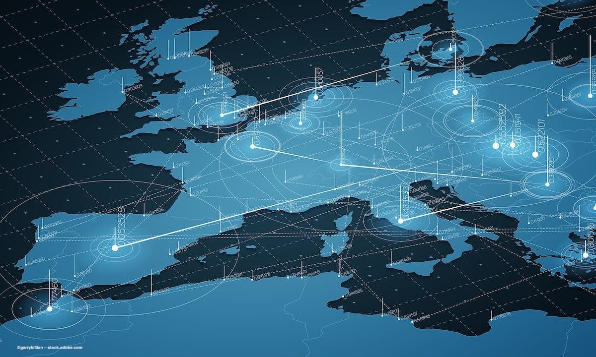 A map of Europe with a digital overlay showing abstract data points. Image credit: ©garrykillian – stock.adobe.com
