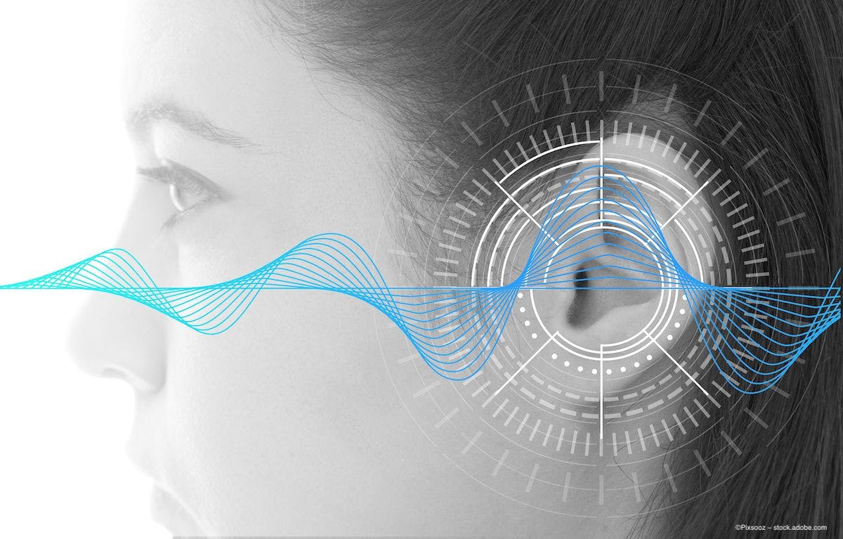 A woman looks forward, she is viewed in profile. A digital image of a sound wave is over her ear. ©Pixsooz – stock.adobe.com