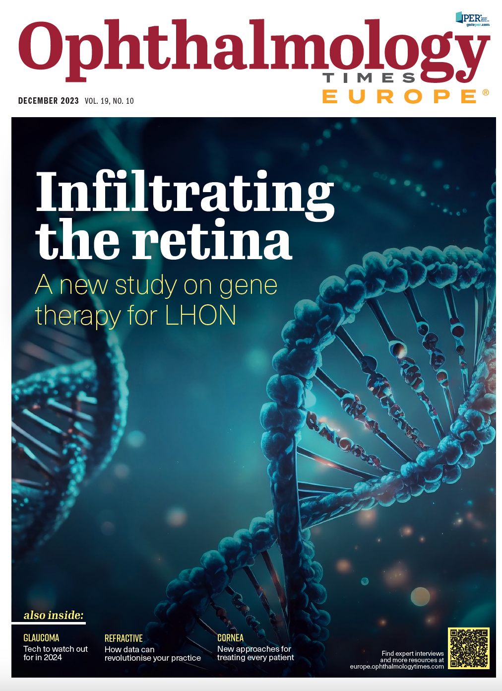 The cover of Ophthalmology Times Europe December 2023, which shows a strand of double-helix DNA and the caption "Infiltrating the retina: a new study on gene therapy for LHON"