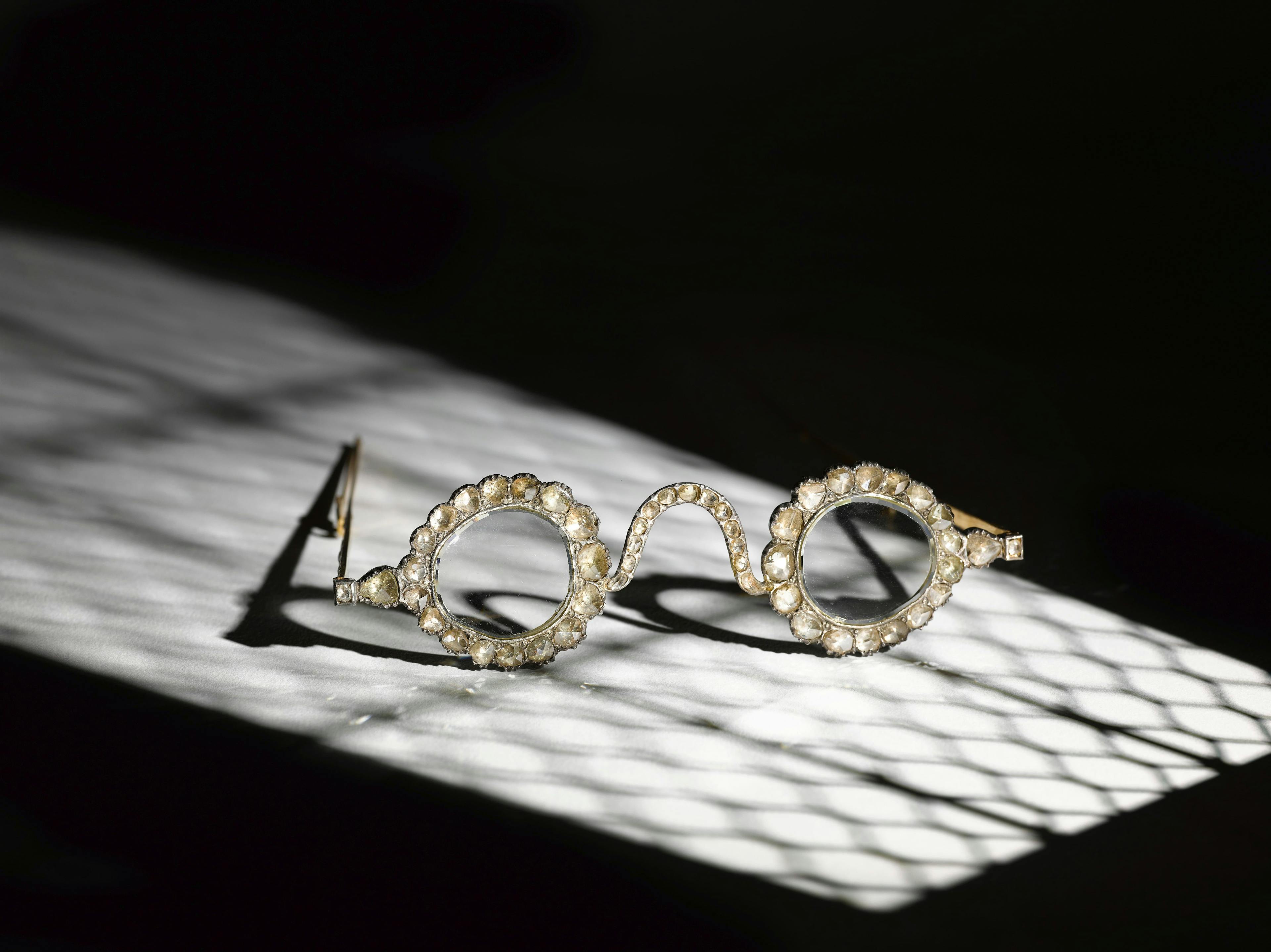 The lenses of the "Halo of Light" eyeglasses are believed to have been cut from a single 200-carat diamond. (Image courtesy of Sotheby's)
