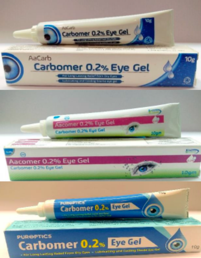 Carbomer-containing gels from Aacarb, Aacomer and Puroptics could be at risk of contamination. Images courtesy of MHRA. 