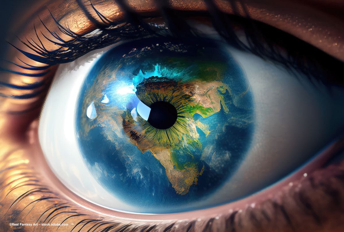 An AI-generated eye with a globe in the iris. Image credit: ©Real Fantasy Art – stock.adobe.com