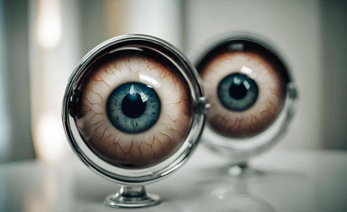 Two eyeballs in two mirrors. Image created with Canva AI.