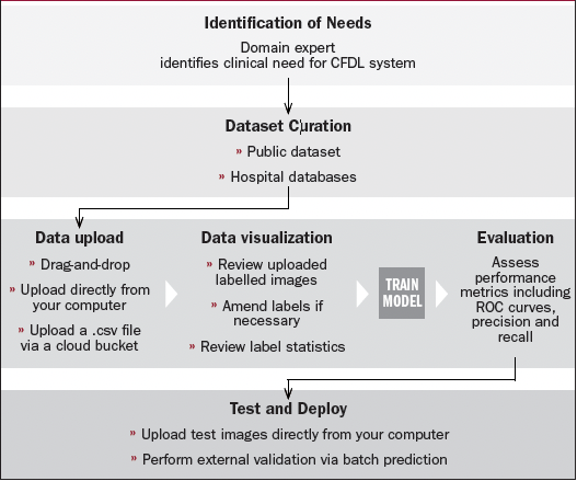 Figure 1: The development of an image classifier model on a CFDL platform. (Figure courtesy of Dr Ciara O’Byrne and Prof. Pearse A. Keane)