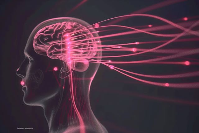An illustration shows the central nervous system with long pink lines to indicate sensory information. Image credit: ©Degimages – stock.adobe.com