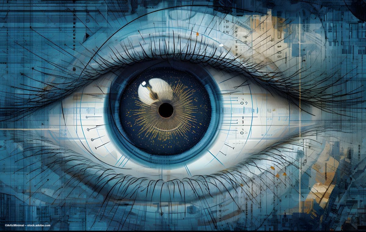 A digital illustration of an eye with charts and numbers imposed atop it. Image credit: ©ArticMinimal – stock.adobe.com