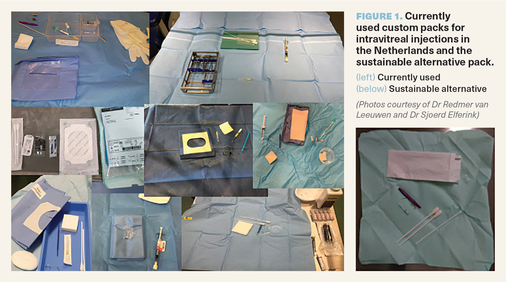 Figure 1. Currently used custom packs for intravitreal injections in the Netherlands and the sustainable alternative pack. (Photos courtesy of Dr Redmer van Leeuwen and Dr Sjoerd Elferink)
