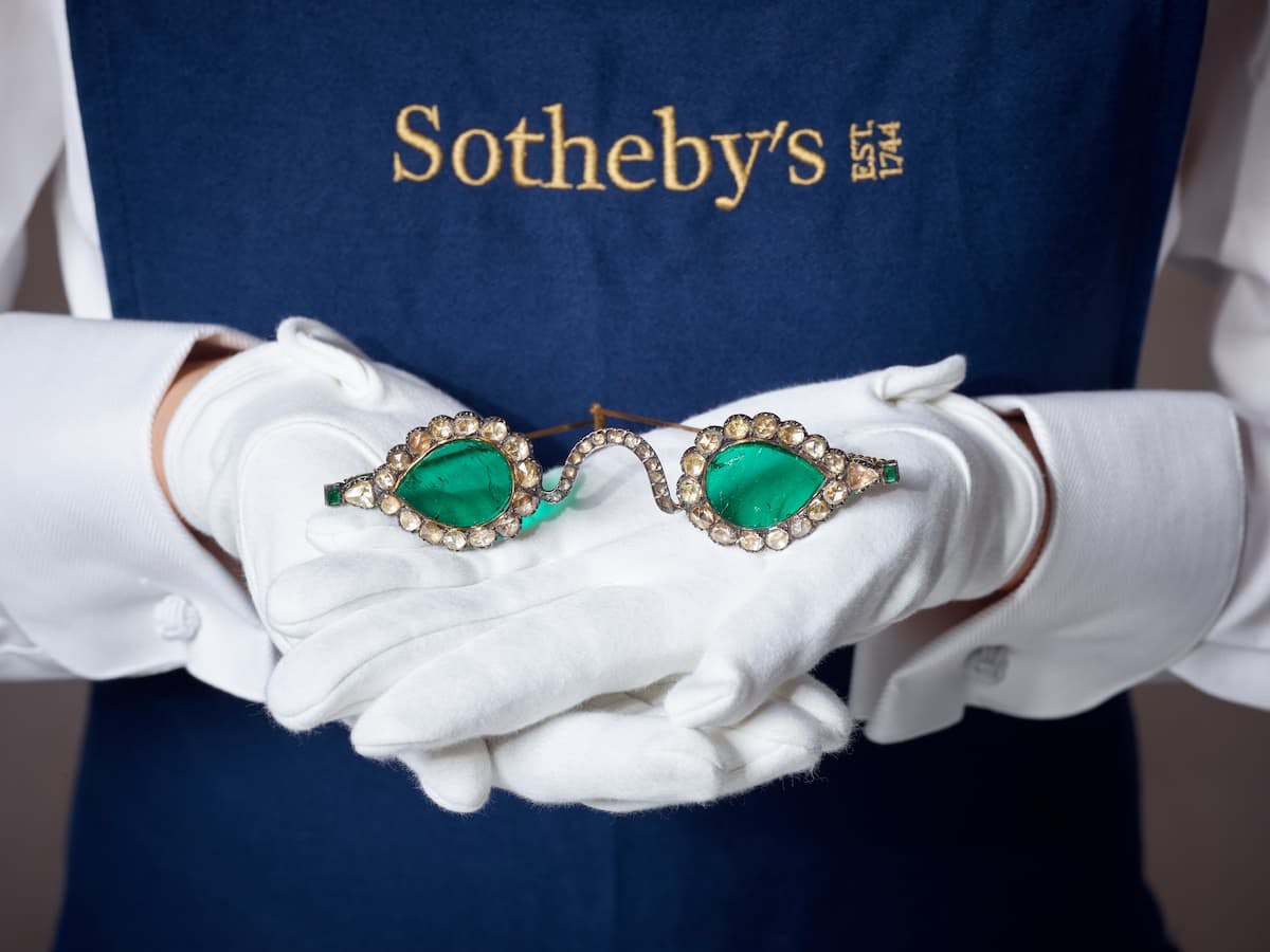 The "Gate of Paradise" eyeglasses are believed to have been cut from a Colombian emerald weighing in at more than 300 carats. (Image courtesy of Sotheby's)