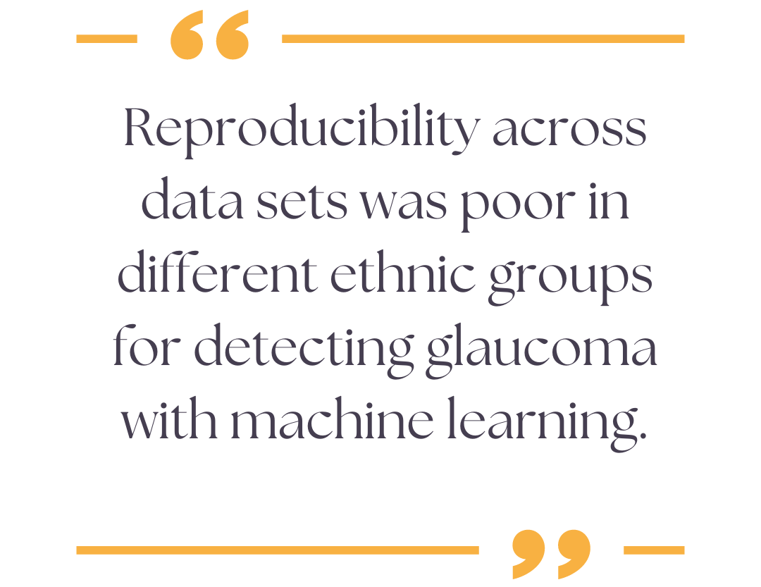 A quote which reads "Reproducibility across data sets was poor in different ethnic groups for detecting glaucoma with machine learning."
