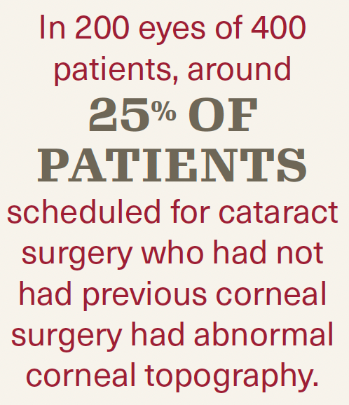 In 200 eyes of 400 patients, around 25% of patients scheduled for cataract surgery who had not had previous corneal surgery had abnormal corneal topography.