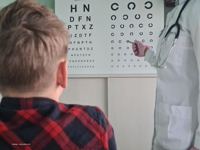 A young man looks at a Snellen chart while an ophthalmologist assesses his vision.  Image credit: ©adzeya – stock.adobe.com