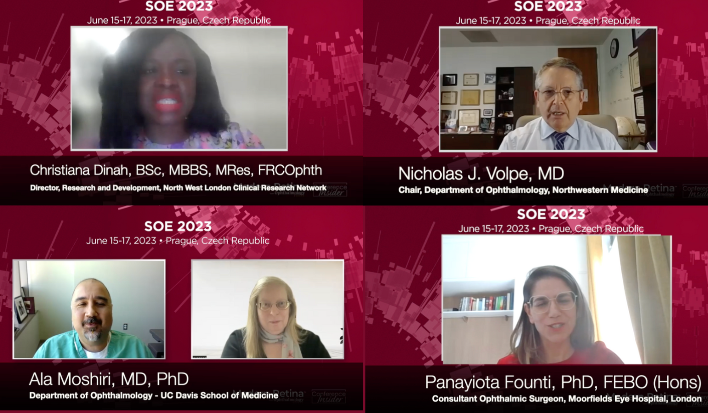 Four screenshots from virtual conversations during SOE 2023, which show ophthalmology experts on the screen.