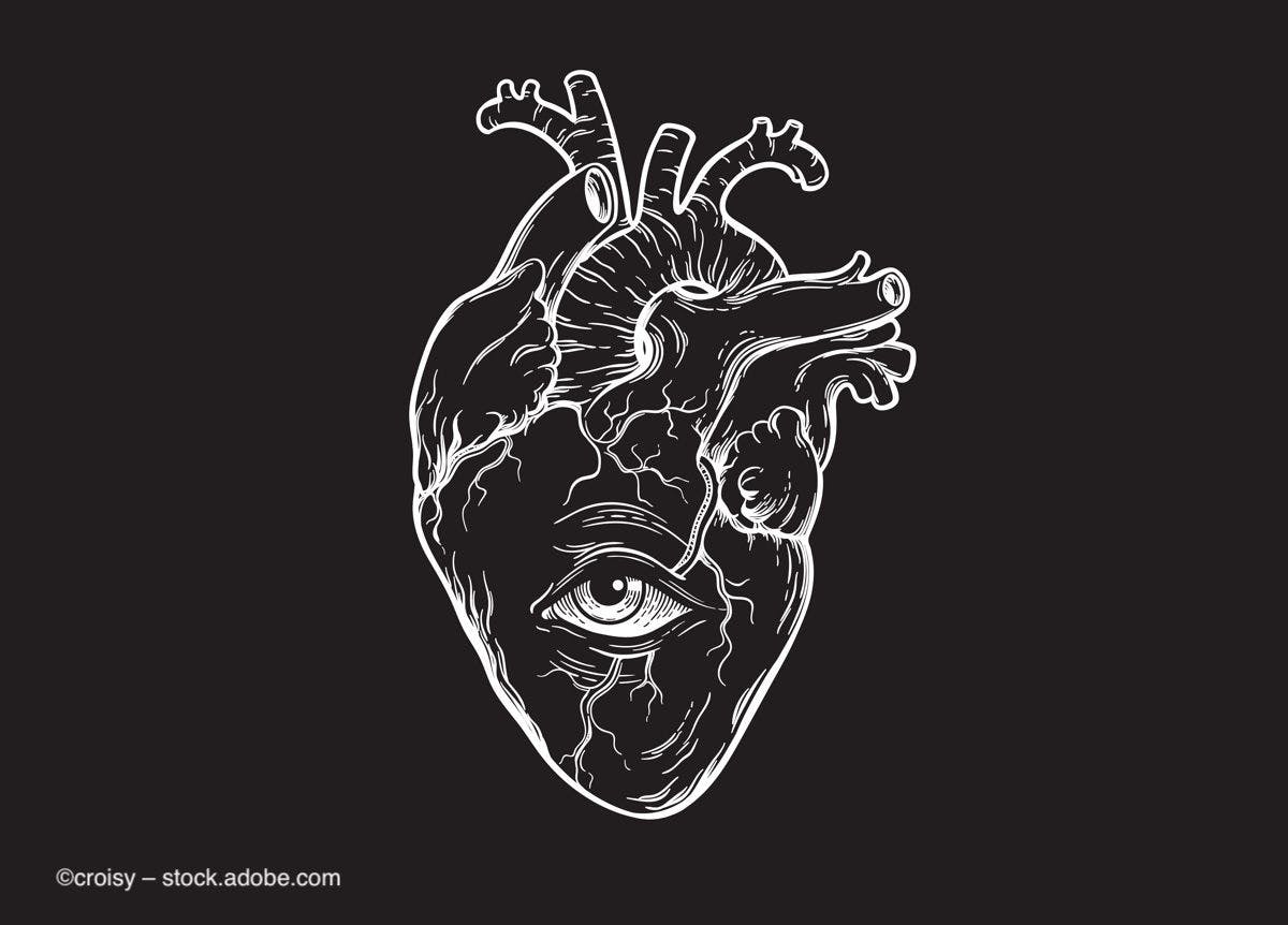 A line drawing of a human heart with an eye enclosed in its chambers. Image credit: ©croisy – stock.adobe.com