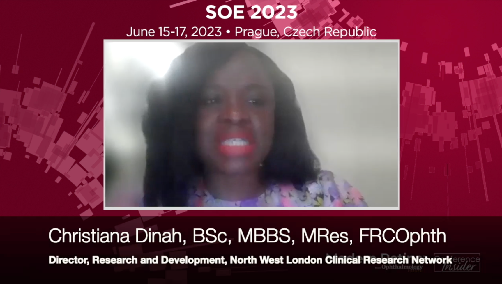 Dr Christiana Dinah discusses her SOE presentation, "Geographic Atrophy: A Mixed Method Study." She is appearing via video chat.
